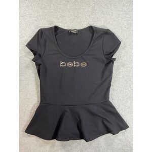 Bebe Black Peplum Top Short Sleeve Rhinestone Logo Scoop Neck Y2K Style M 2378